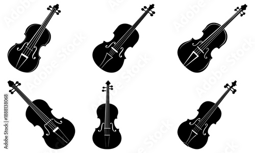 Five black and white violin silhouettes with transparent background musical instrument string instrument