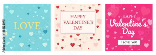 Happy Valentine’s Day greeting card design set featuring love typography, romantic hearts. Perfect for Valentine celebration, love messages, wedding themes, romance marketing.