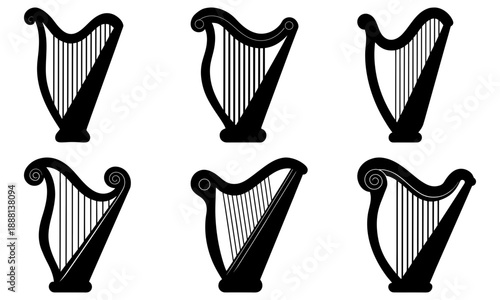 Five black harp symbols with white strings on a transparent background musical instrument