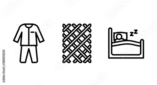 Comforting Line Art Icons for Rest and Sleep, Showcasing Pajamas, a Bed, and a Sleeping Person, Ideal for Relaxation and Home Decor.