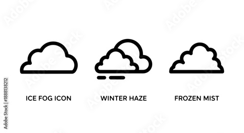 Atmospheric Line Art Icons Depicting Winter Fog, Ice Mist, and Haze, Ideal for Weather Forecasts and Environmental Design Concepts.