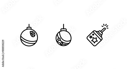 Festive Line Art Icons for Holiday Decor and Crafting, Showcasing Christmas Ornaments and Glitter Glue for Celebratory Designs.