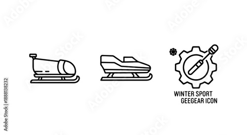 Dynamic Line Art Icons for Winter Sports Equipment, Featuring a Bobsled, Snowmobile, and Ski Gear, Ideal for Cold Weather Activities.