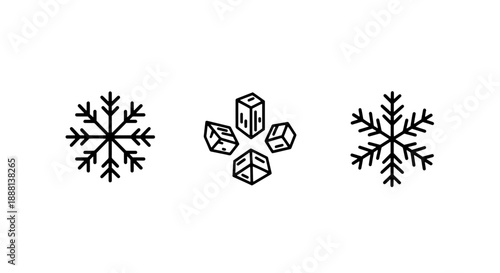 Frozen Winter Elements: Detailed Snowflake and Ice Cube Icons for Cold Weather Concepts and Design