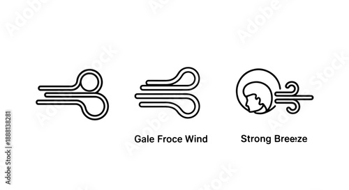 Strong Wind and Breezy Weather Icons: Gale Force and Atmospheric Movement Symbols for Forecasts