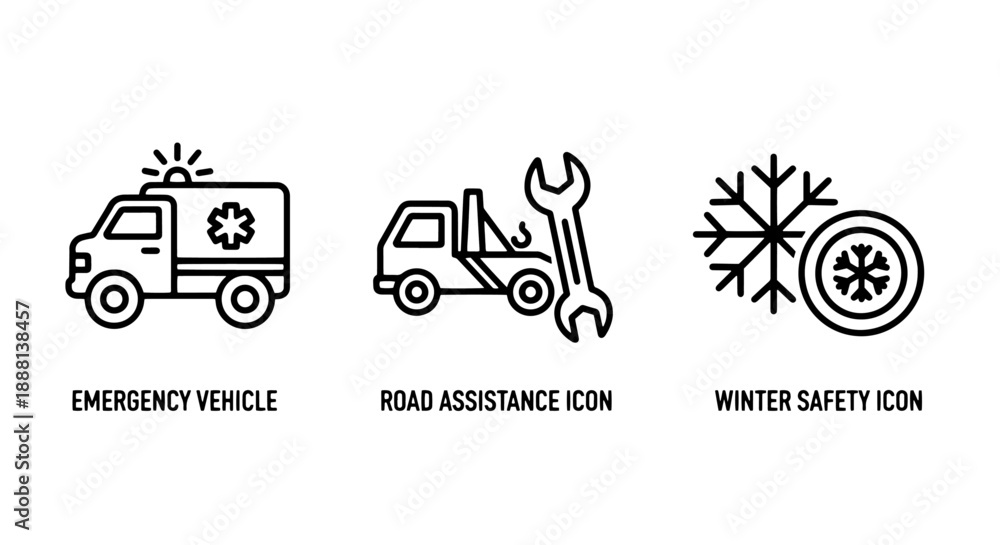 Obraz premium Essential safety and assistance line icons including an emergency ambulance, road assistance tow truck with wrench, and a winter safety snowflake symbol.