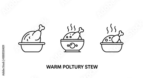 Delicious Warm Poultry Stew Icons Set: Hearty Chicken Drumstick in Steaming Bowls for Comfort Food