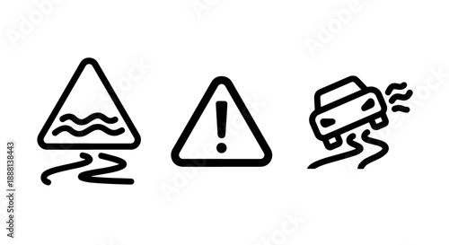 A collection of driving hazard warning line icons including aquaplaning, general danger, and slippery road conditions, perfect for safety and automotive designs.