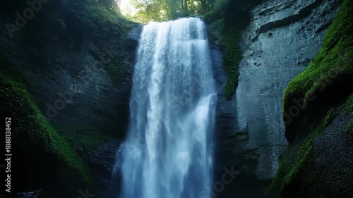 Majestic waterfall in a lush green landscape, Stunning waterfall cascading down rocky cliffs surrounded by lush greenery