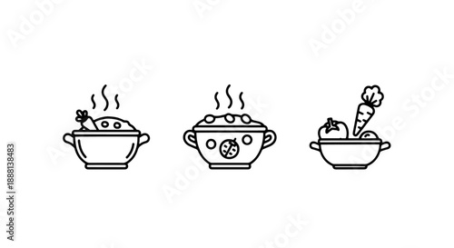 Delicious and healthy food preparation line icons, depicting various steaming pots of soup or stew with fresh vegetables, perfect for culinary and cooking themes.