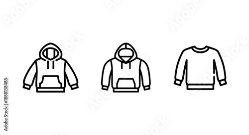 Casual apparel line icons featuring a collection of comfortable hoodies and a classic sweatshirt, suitable for fashion, clothing, and lifestyle designs.