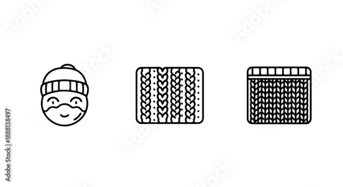 Cozy winter comfort line icons featuring a person in a warm beanie and various knitted fabric patterns, ideal for fashion, textile, and seasonal designs.