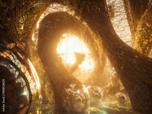 Sublime Passage Through the Gilded Wicker Grove Where Mystical Orbs Rest in Sun-Drenched Water