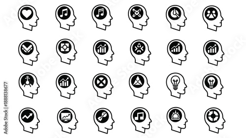 Illustrative collection of human head silhouettes containing diverse symbolic icons representing thought and creativity high quality