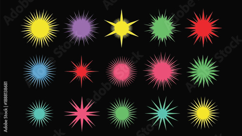 A vibrant arrangement of colorful starbursts and sparkling star shapes against a stark black backdrop is shown
