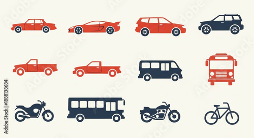 Collection of Various Vehicle Icons for Transportation.