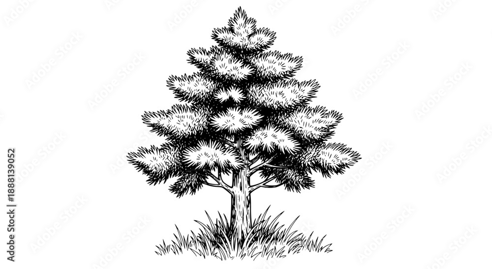 Fototapeta premium Detailed black and white hand-drawn sketch of a coniferous pine tree with grassy base, isolated on white background, perfect for nature or forest themes