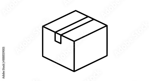 Simple black outline icon of a closed cardboard delivery box with tape in isometric view on a white background, vector illustration.