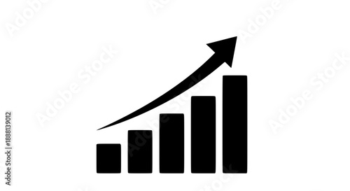 Black bar graph with an upward trending arrow indicating financial growth, profit increase, or successful business performance on white background.