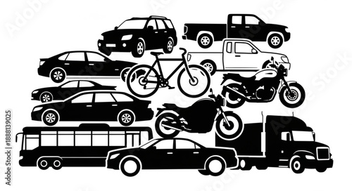 Collection of Various Vehicles and Transportation Modes Silhouettes.