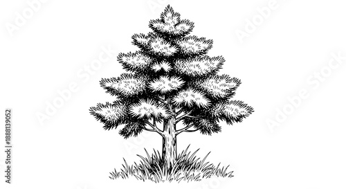 Detailed black and white hand-drawn sketch of a coniferous pine tree with grassy base, isolated on white background, perfect for nature or forest themes