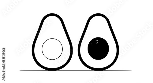 Minimalist black outline vector illustration of two avocado halves, one with a visible seed and the other hollowed out, on a simple white background.