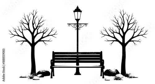 Silhouette park bench with ornate lamppost and bare trees on a white background, evoking a peaceful, serene autumn or winter scene.