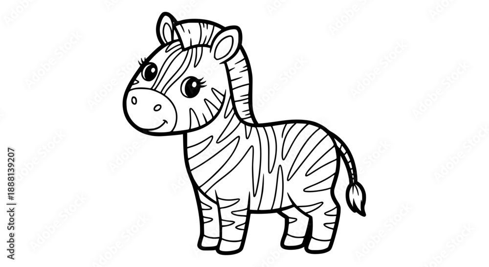 Fototapeta premium Cute cartoon zebra outline illustration for coloring pages, simple flat design with bold lines, isolated on white background.