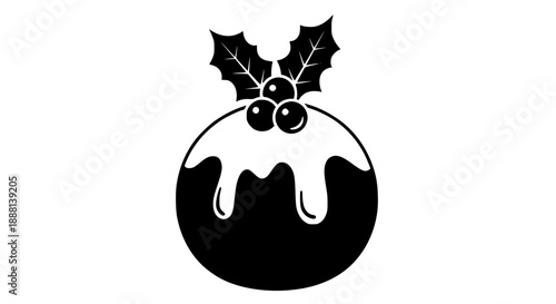 Black silhouette icon of a Christmas pudding with white icing and holly berries, simple flat design vector graphic for holiday themes