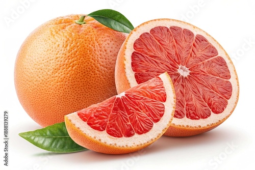 Close up photo of whole or sliced grapefruit isolated on white.