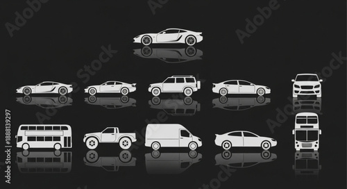 Collection of Various Vehicles Silhouettes on Black Background.