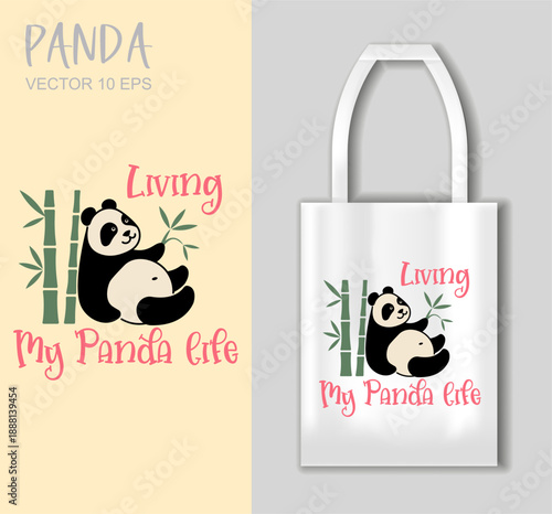 Cute panda illustration with living my panda life bag mockup