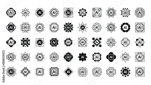 An assortment of circular badges and emblems featuring geometric designs and the letters ai inside