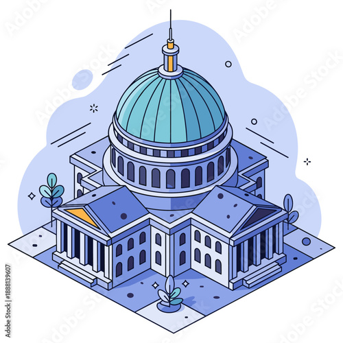 Isometric illustration of a historic building with a dome and columns. No editable stroke