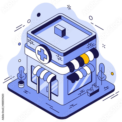 Isometric blue pharmacy shop building with awning and cross symbol. No editable stroke