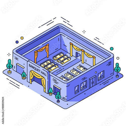 Isometric banquet hall interior with table settings and curtains. No editable stroke