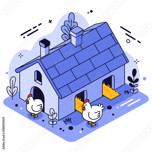 Charming cartoon chicken coop with hens and hay bales in pastel colors. No editable stroke