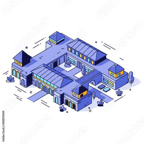 Isometric illustration of a modern blue building with courtyard and trees. No editable stroke