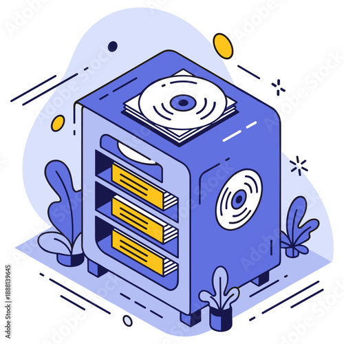 Illustration of a stylized computer server with discs and abstract background. No editable stroke