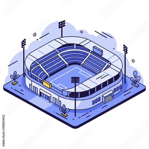 Isometric illustration of a modern outdoor sports stadium with lights and seating. No editable stroke