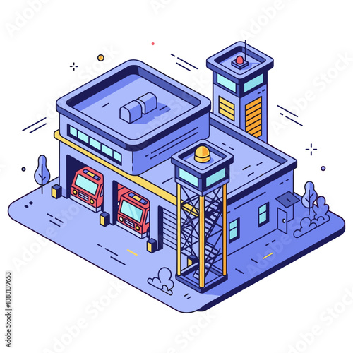 Isometric fire station with trucks and tower on white background. No editable stroke