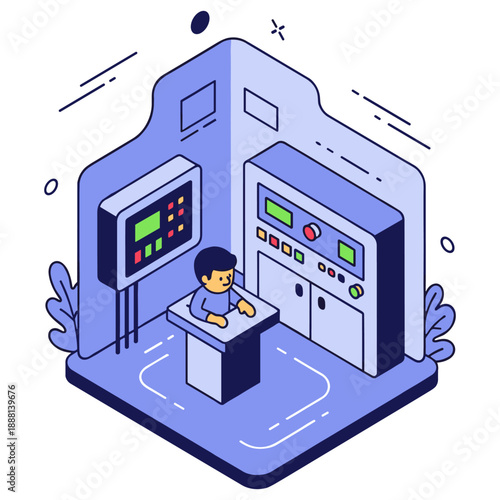 Illustration of a man at control panel in industrial environment. No editable stroke