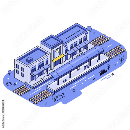 Isometric illustration of a modern railway station with platforms and railway tracks. No editable stroke