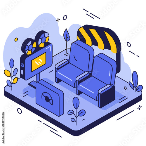 Small isometric cinema with blue seats and movie screen in cartoon style. No editable stroke