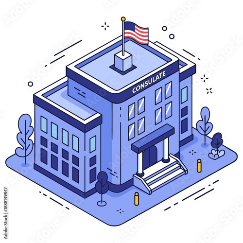 Isometric illustration of american consulate building with flag. No editable stroke