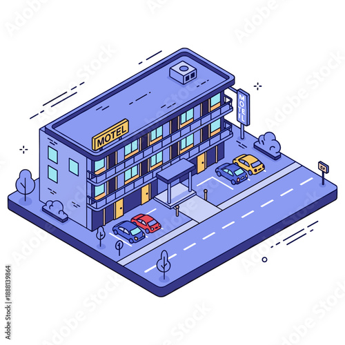 Isometric illustration of a three-story motel building with cars parked alongside. No editable stroke