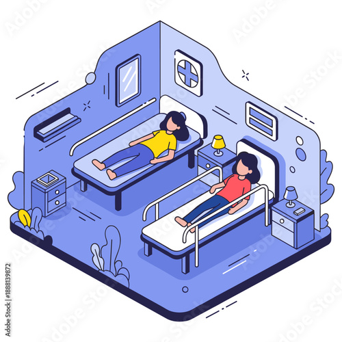 Isometric illustration of hospital ward with two patients resting in beds. No editable stroke