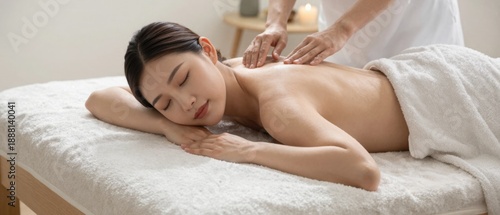 Relaxed woman enjoying luxury spa massage therapy on treatment bed for wellness beauty and self care concept