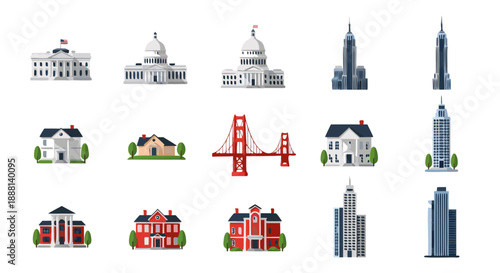 Collection of famous landmark buildings and various residential homes presented in flat design icons