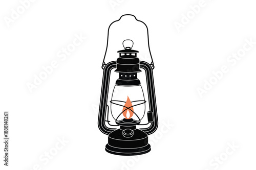 Vintage kerosene lantern with a lit flame inside glass enclosure lamp retro light